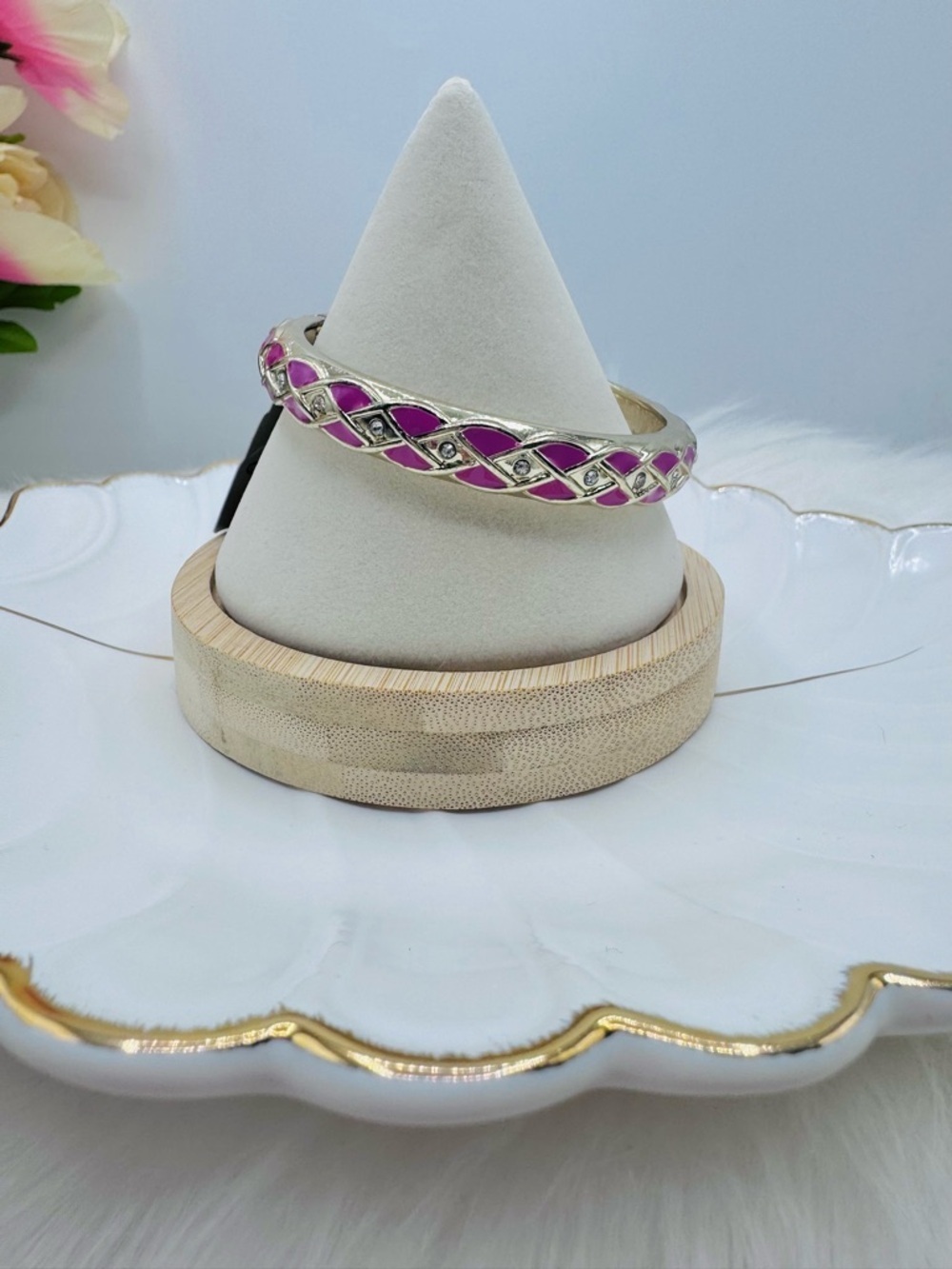 Pink Enamel Gold Tone Hinged Bangle Bracelet w/ Rhinestone Accents